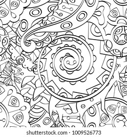 Tracery seamless pattern. Mehndi design. Ethnic monochrome binary doodle texture. Curved doodling black and white background. Vector