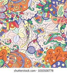 Tracery seamless pattern. Mehndi design. Ethnic colorful doodle texture. Curved doodling background. Vector