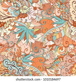 Tracery seamless pattern. Mehndi design. Ethnic colorful doodle texture. Curved doodling background. Vector