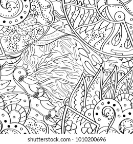 Tracery seamless pattern. Mehndi design. Ethnic monochrome binary doodle texture. Curved doodling black and white background. Vector