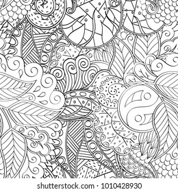 Tracery seamless pattern. Mehndi design. Ethnic monochrome binary doodle texture. Curved doodling black and white background. Vector