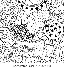 Tracery seamless pattern. Mehndi design. Ethnic monochrome binary doodle texture. Curved doodling black and white background. Vector