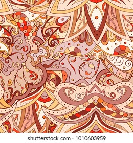 Tracery seamless pattern. Mehndi design. Ethnic colorful doodle texture. Curved doodling background. Vector