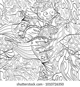 Tracery seamless pattern. Mehndi design. Ethnic monochrome binary doodle texture. Curved doodling black and white background. Vector