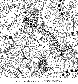 Tracery seamless pattern. Mehndi design. Ethnic monochrome binary doodle texture. Curved doodling black and white background. Vector