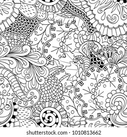 Tracery seamless pattern. Mehndi design. Ethnic monochrome binary doodle texture. Curved doodling black and white background. Vector