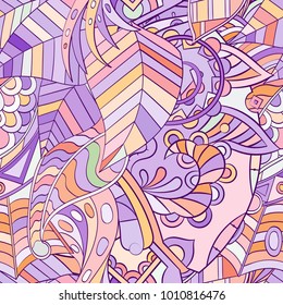 Tracery seamless pattern. Mehndi design. Ethnic colorful doodle texture. Curved doodling background. Vector