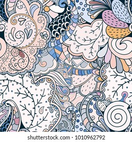 Tracery seamless pattern. Mehndi design. Ethnic colorful doodle texture. Curved doodling background. Vector