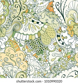 Tracery seamless pattern. Mehndi design. Ethnic colorful doodle texture. Curved doodling background. Vector