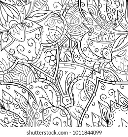 Tracery seamless pattern. Mehndi design. Ethnic monochrome binary doodle texture. Curved doodling black and white background. Vector