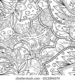 Tracery seamless pattern. Mehndi design. Ethnic monochrome binary doodle texture. Curved doodling black and white background. Vector