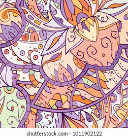 Tracery seamless pattern. Mehndi design. Ethnic colorful doodle texture. Curved doodling background. Vector