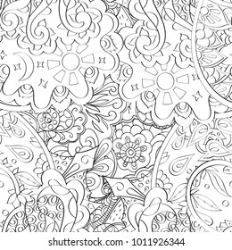 Tracery seamless pattern. Mehndi design. Ethnic monochrome binary doodle texture. Curved doodling black and white background. Vector