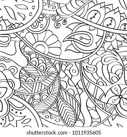 Tracery seamless pattern. Mehndi design. Ethnic monochrome binary doodle texture. Curved doodling black and white background. Vector