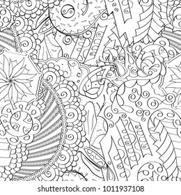 Tracery seamless pattern. Mehndi design. Ethnic monochrome binary doodle texture. Curved doodling black and white background. Vector