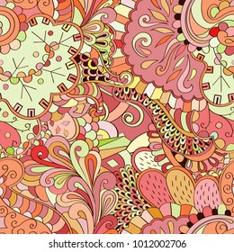 Tracery seamless pattern. Mehndi design. Ethnic colorful doodle texture. Curved doodling background. Vector