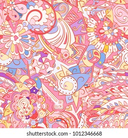Tracery seamless pattern. Mehndi design. Ethnic colorful doodle texture. Curved doodling background. Vector