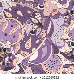 Tracery seamless pattern. Mehndi design. Ethnic colorful doodle texture. Curved doodling background. Vector