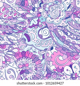 Tracery seamless pattern. Mehndi design. Ethnic colorful doodle texture. Curved doodling background. Vector