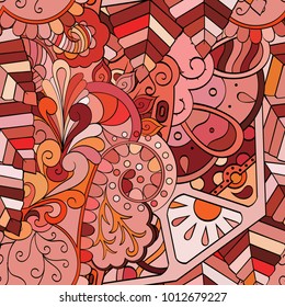 Tracery seamless pattern. Mehndi design. Ethnic colorful doodle texture. Curved doodling background. Vector
