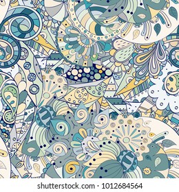 Tracery seamless pattern. Mehndi design. Ethnic colorful doodle texture. Curved doodling background. Vector