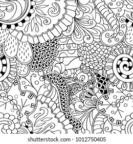 Tracery seamless pattern. Mehndi design. Ethnic monochrome binary doodle texture. Curved doodling black and white background. Vector