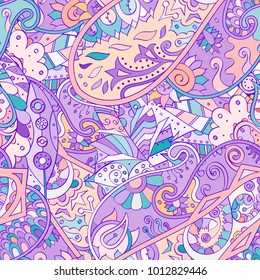 Tracery seamless pattern. Mehndi design. Ethnic colorful doodle texture. Curved doodling background. Vector
