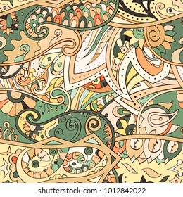 Tracery seamless pattern. Mehndi design. Ethnic colorful doodle texture. Curved doodling background. Vector