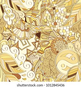 Tracery seamless pattern. Mehndi design. Ethnic colorful doodle texture. Curved doodling background. Vector