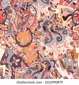 Tracery seamless pattern. Mehndi design. Ethnic colorful doodle texture. Curved doodling background. Vector