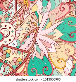 Tracery seamless pattern. Mehndi design. Ethnic colorful doodle texture. Curved doodling background. Vector