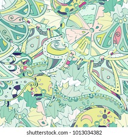 Tracery seamless pattern. Mehndi design. Ethnic colorful doodle texture. Curved doodling background. Vector