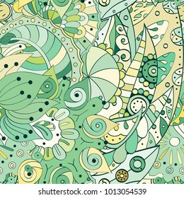 Tracery seamless pattern. Mehndi design. Ethnic colorful doodle texture. Curved doodling background. Vector