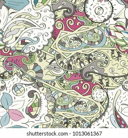 Tracery seamless pattern. Mehndi design. Ethnic colorful doodle texture. Curved doodling background. Vector