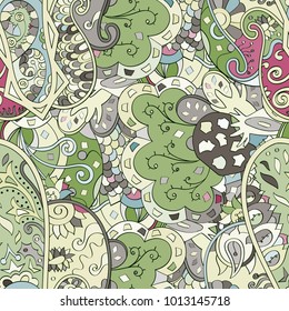 Tracery seamless pattern. Mehndi design. Ethnic colorful doodle texture. Curved doodling background. Vector