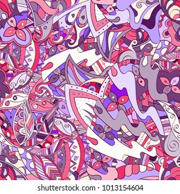 Tracery seamless pattern. Mehndi design. Ethnic colorful doodle texture. Curved doodling background. Vector