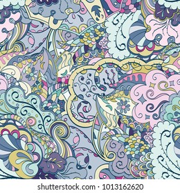 Tracery seamless pattern. Mehndi design. Ethnic colorful doodle texture. Curved doodling background. Vector