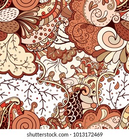 Tracery seamless pattern. Mehndi design. Ethnic colorful doodle texture. Curved doodling background. Vector