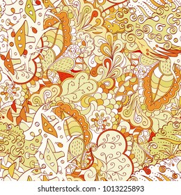 Tracery seamless pattern. Mehndi design. Ethnic colorful doodle texture. Curved doodling background. Vector