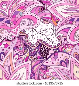 Tracery seamless pattern. Mehndi design. Ethnic colorful doodle texture. Curved doodling background. Vector