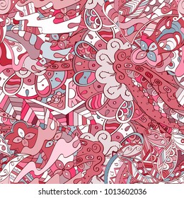 Tracery seamless pattern. Mehndi design. Ethnic colorful doodle texture. Curved doodling background. Vector