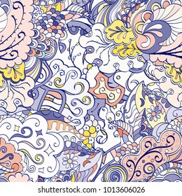 Tracery seamless pattern. Mehndi design. Ethnic colorful doodle texture. Curved doodling background. Vector