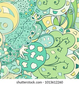 Tracery seamless pattern. Mehndi design. Ethnic colorful doodle texture. Curved doodling background. Vector