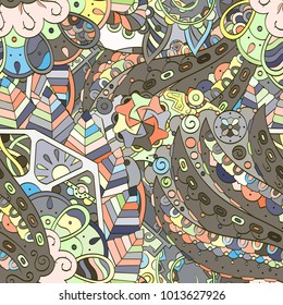 Tracery seamless pattern. Mehndi design. Ethnic colorful doodle texture. Curved doodling background. Vector