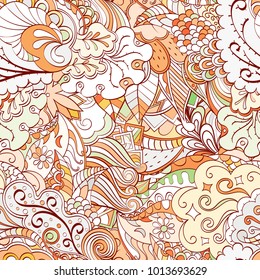 Tracery seamless pattern. Mehndi design. Ethnic colorful doodle texture. Curved doodling background. Vector