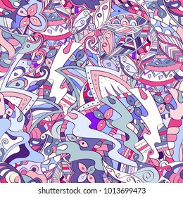 Tracery seamless pattern. Mehndi design. Ethnic colorful doodle texture. Curved doodling background. Vector