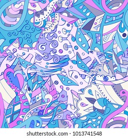 Tracery seamless pattern. Mehndi design. Ethnic colorful doodle texture. Curved doodling background. Vector