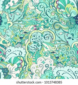 Tracery seamless pattern. Mehndi design. Ethnic colorful doodle texture. Curved doodling background. Vector