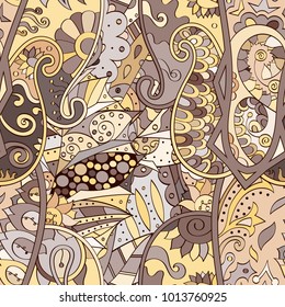 Tracery seamless pattern. Mehndi design. Ethnic colorful doodle texture. Curved doodling background. Vector