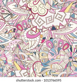 Tracery seamless pattern. Mehndi design. Ethnic colorful doodle texture. Curved doodling background. Vector